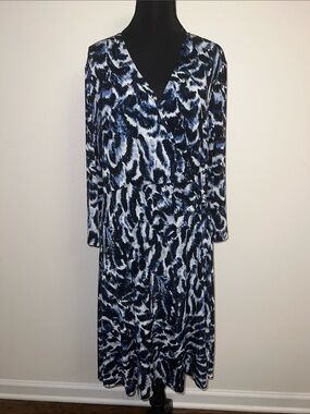 Chico's Blue Black White Abstract Print Wrap Dress - Long Sleeve